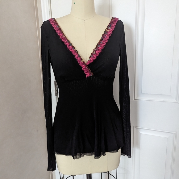 Sweet Pea Tops - Sweet Pea Mesh Long Sleeve Blouse with Neckline Trim